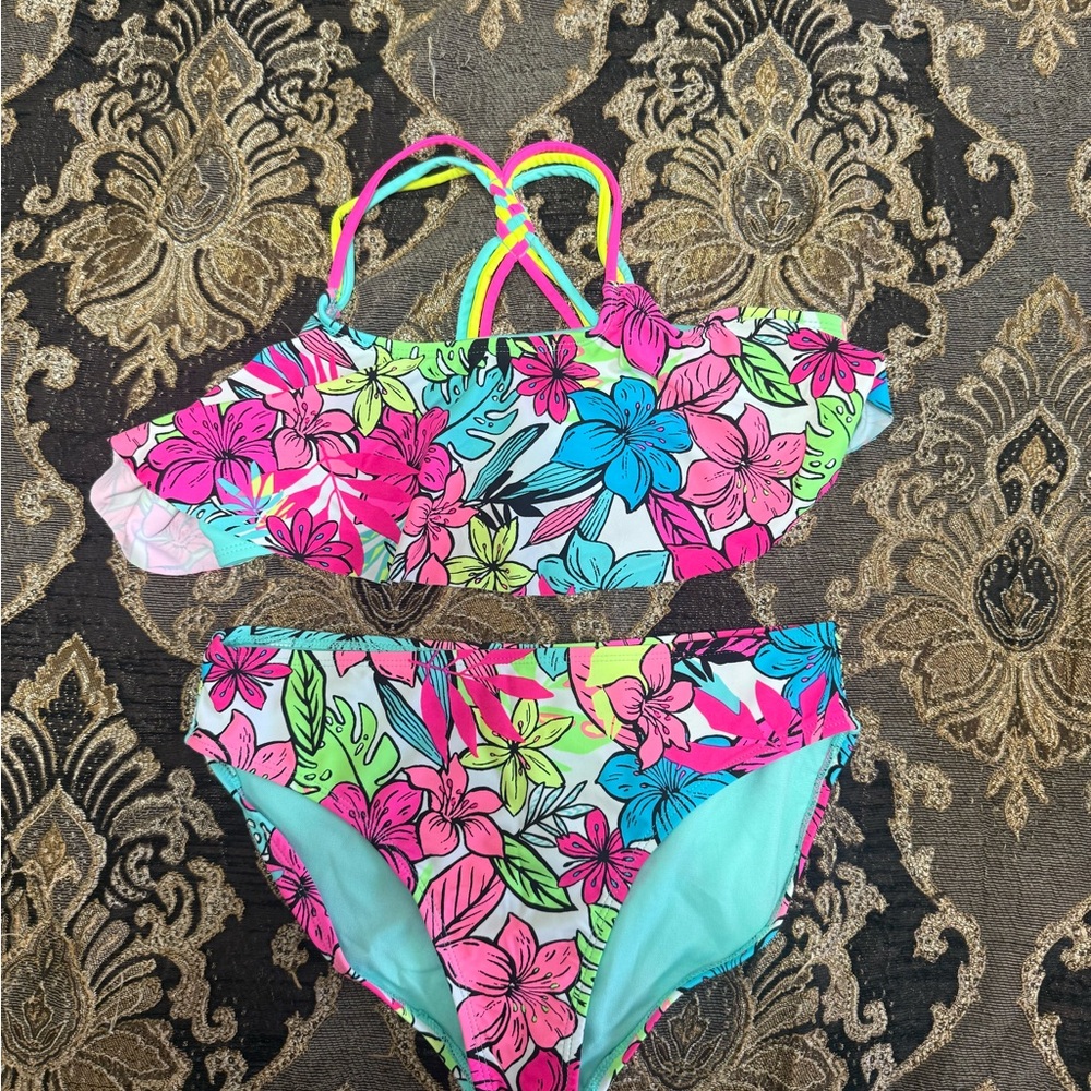 Kian D. Los Angeles Girls Sz  XL (14/16) Floral Ruffle Top 2-Pc Bikini Set, EUC